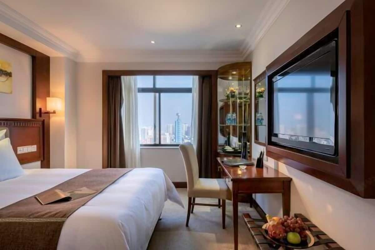 A hotel room with a bed, a desk, a chair, a television, and a window with a city view.