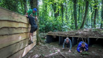 Explore the great outdoors with a thrilling climbing wall amidst lush forest surroundings.