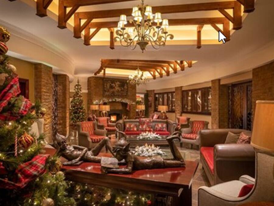 Un hall d’entrée chaleureux, décoré avec un sapin de Noël, doté de fauteuils confortables et d’une cheminée.