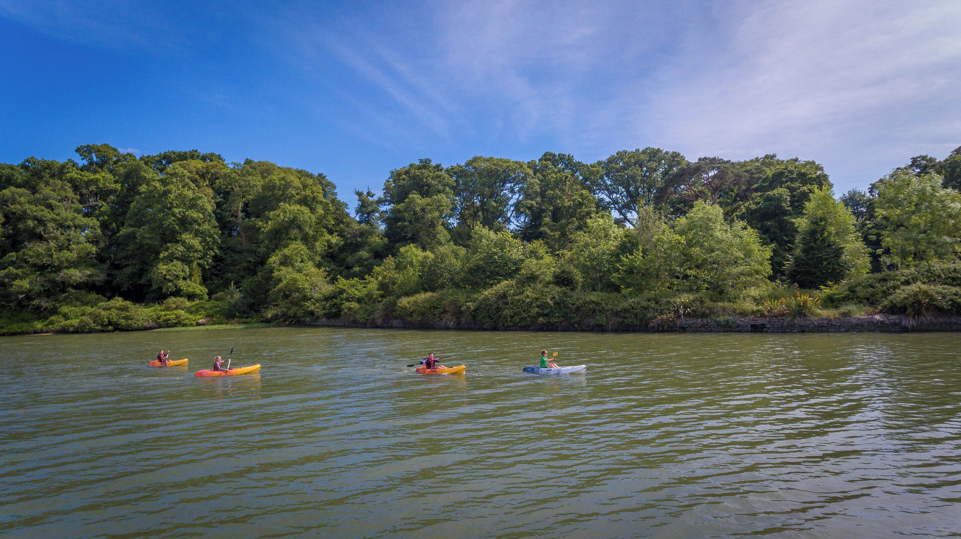 A calm river with kayaks.