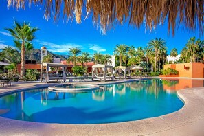 Outdoor pool, pool umbrellas, sun loungers
