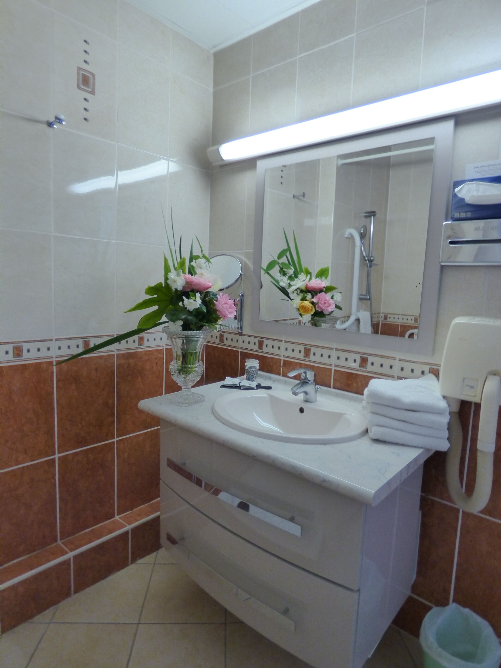 Un baño con lavamanos, espejo y ducha.