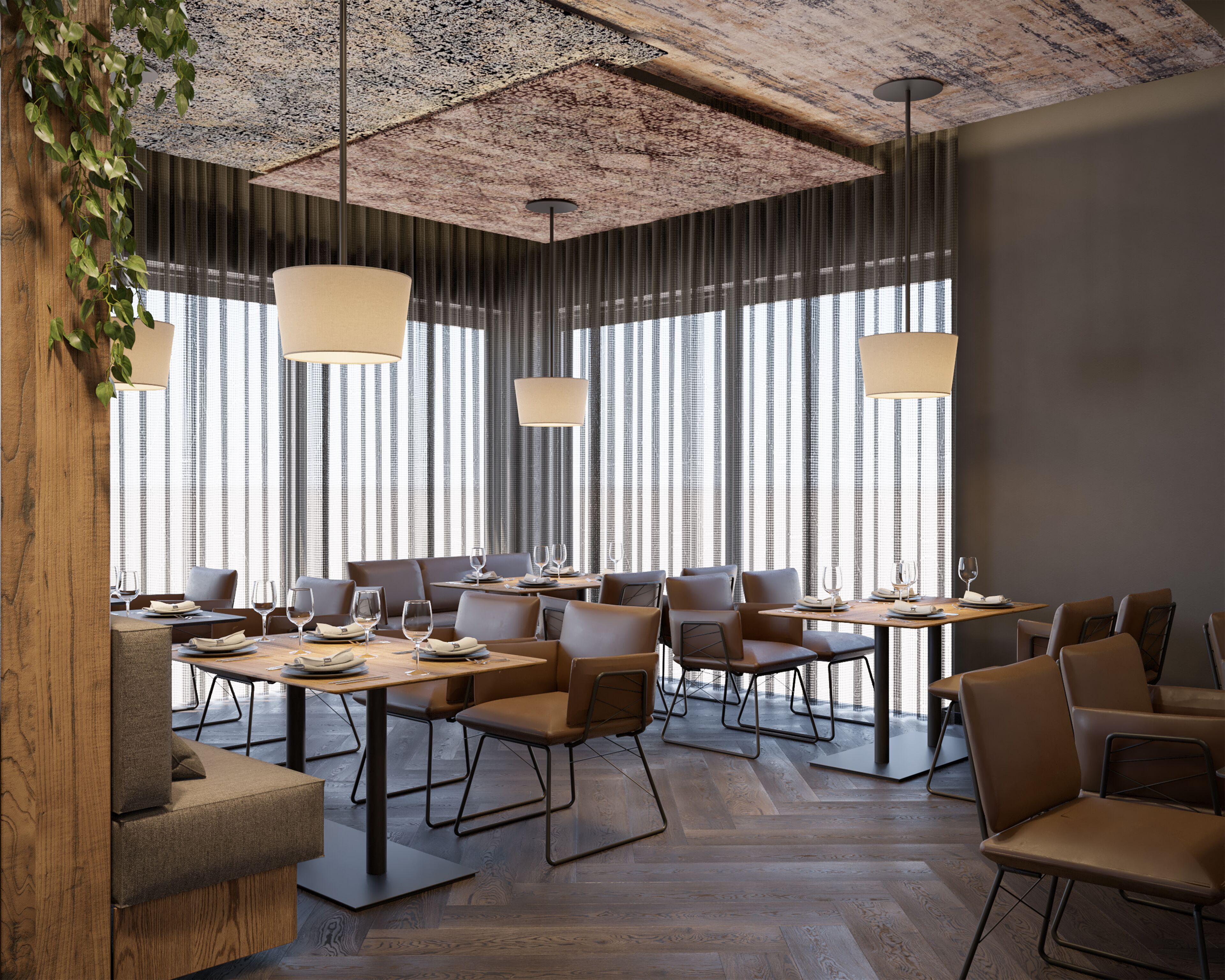 A modern dining area with multiple tables and chairs, large windows with vertical blinds, and hanging pendant lights.