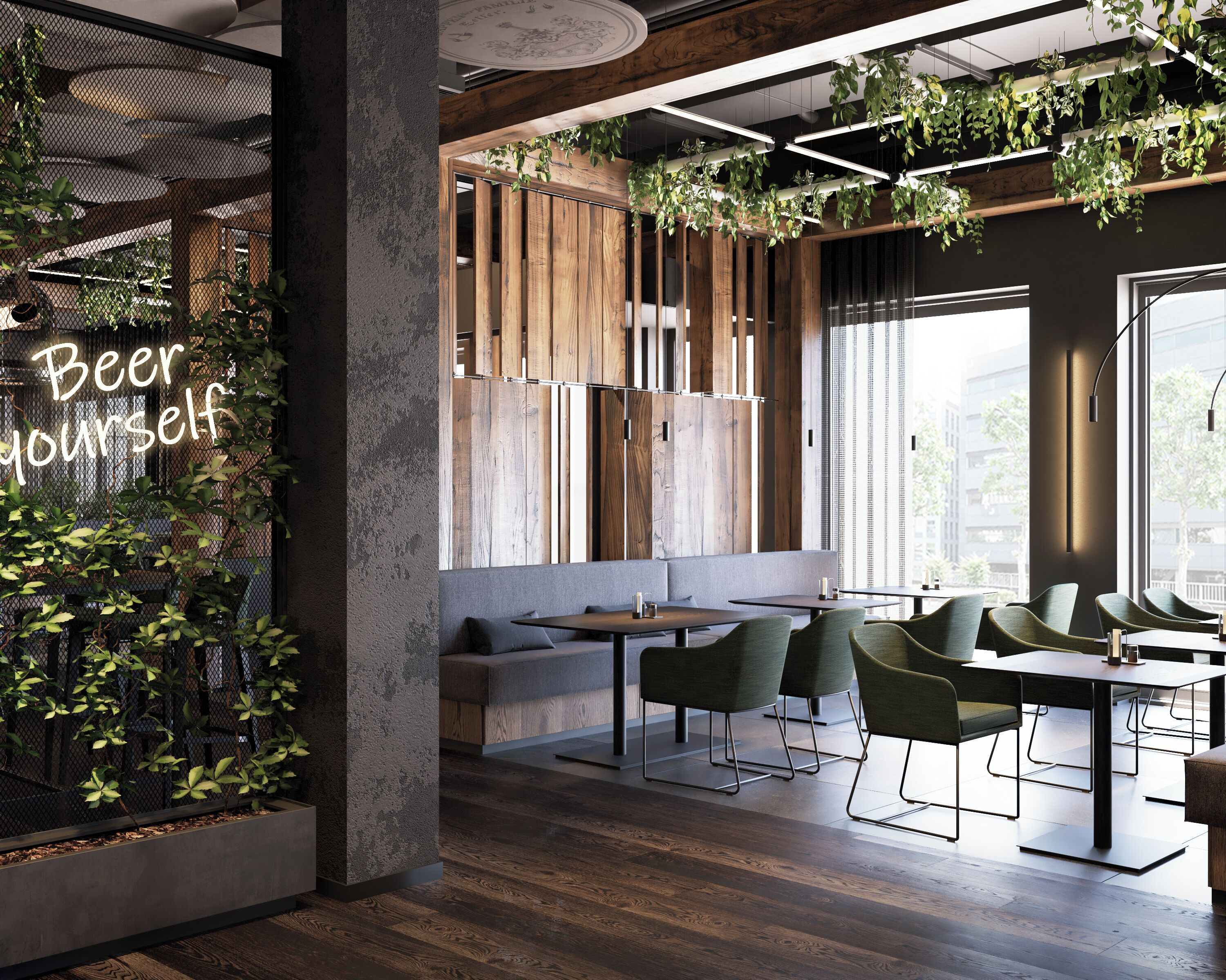 A modern interior with wooden accents, green plants, and a seating area with tables and chairs.