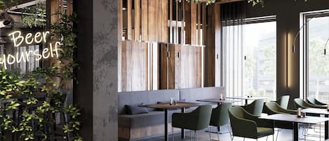 A modern interior with wooden accents, green plants, and a seating area with tables and chairs.