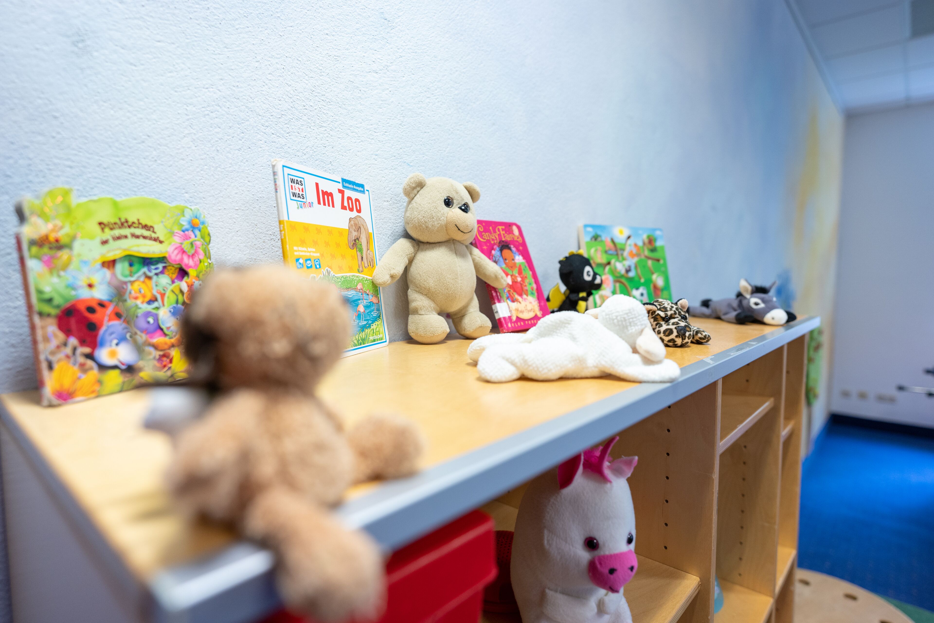 A children's play area with a wooden table displaying books and stuffed animals.