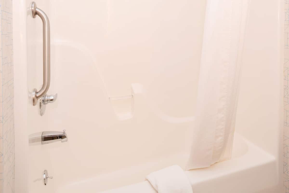 combined shower/bathtub, hair dryer, towels