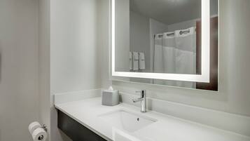 Hair dryer, towels, soap, shampoo