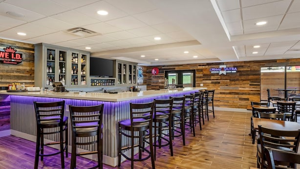 A bar area with a long counter, multiple bar stools, and a variety of liquor bottles.