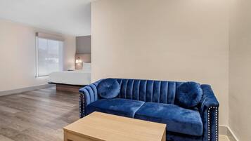 Tempur-Pedic beds, desk, laptop workspace, blackout drapes