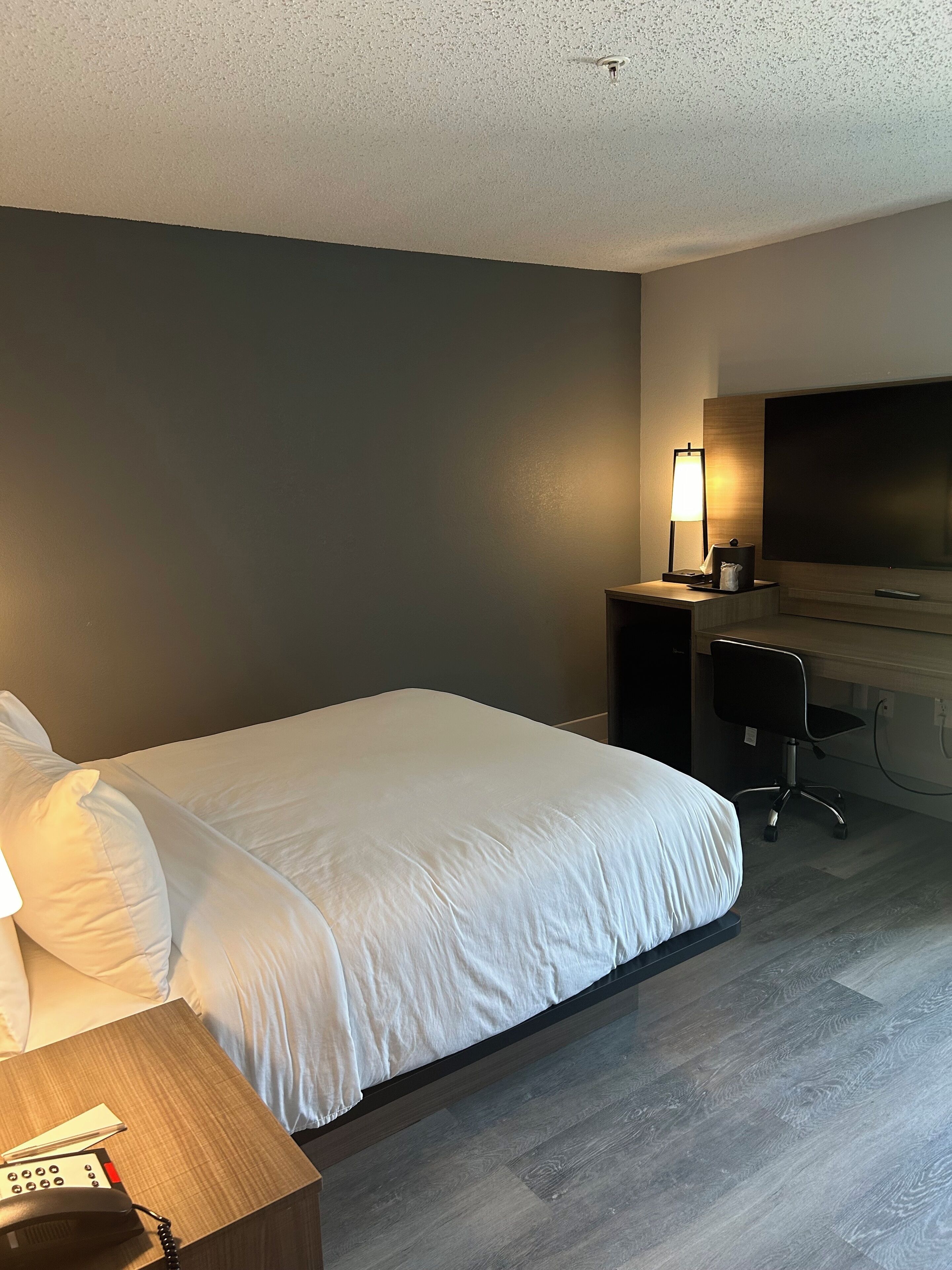 Een hotelkamer met een bed, een bureau met telefoon, een stoel, een bureaulamp en een televisie.