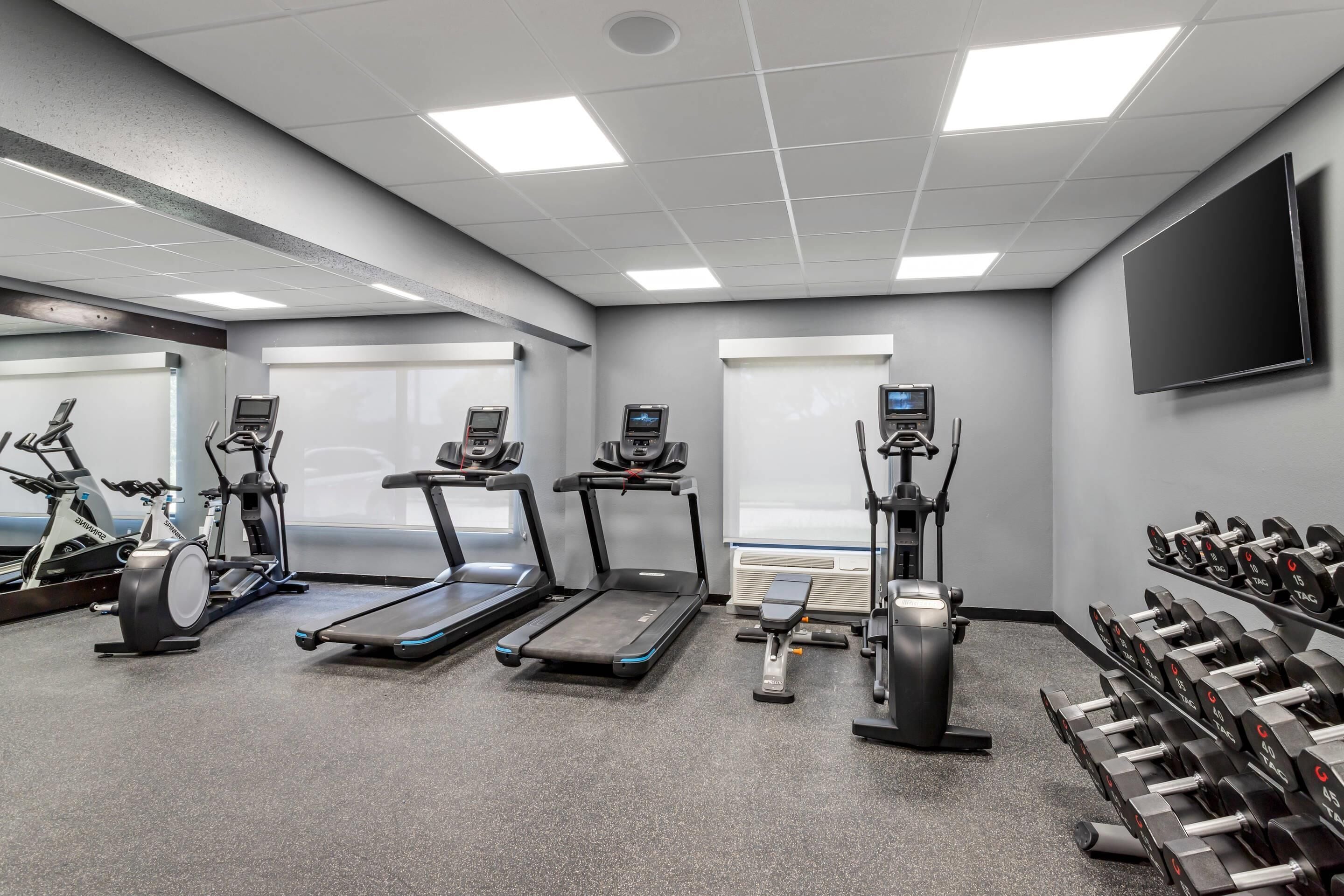 A gym with treadmills, stationary bikes, a rowing machine, and dumbbells.