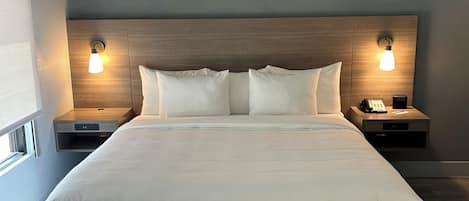 Tempur-Pedic beds, desk, laptop workspace, blackout curtains