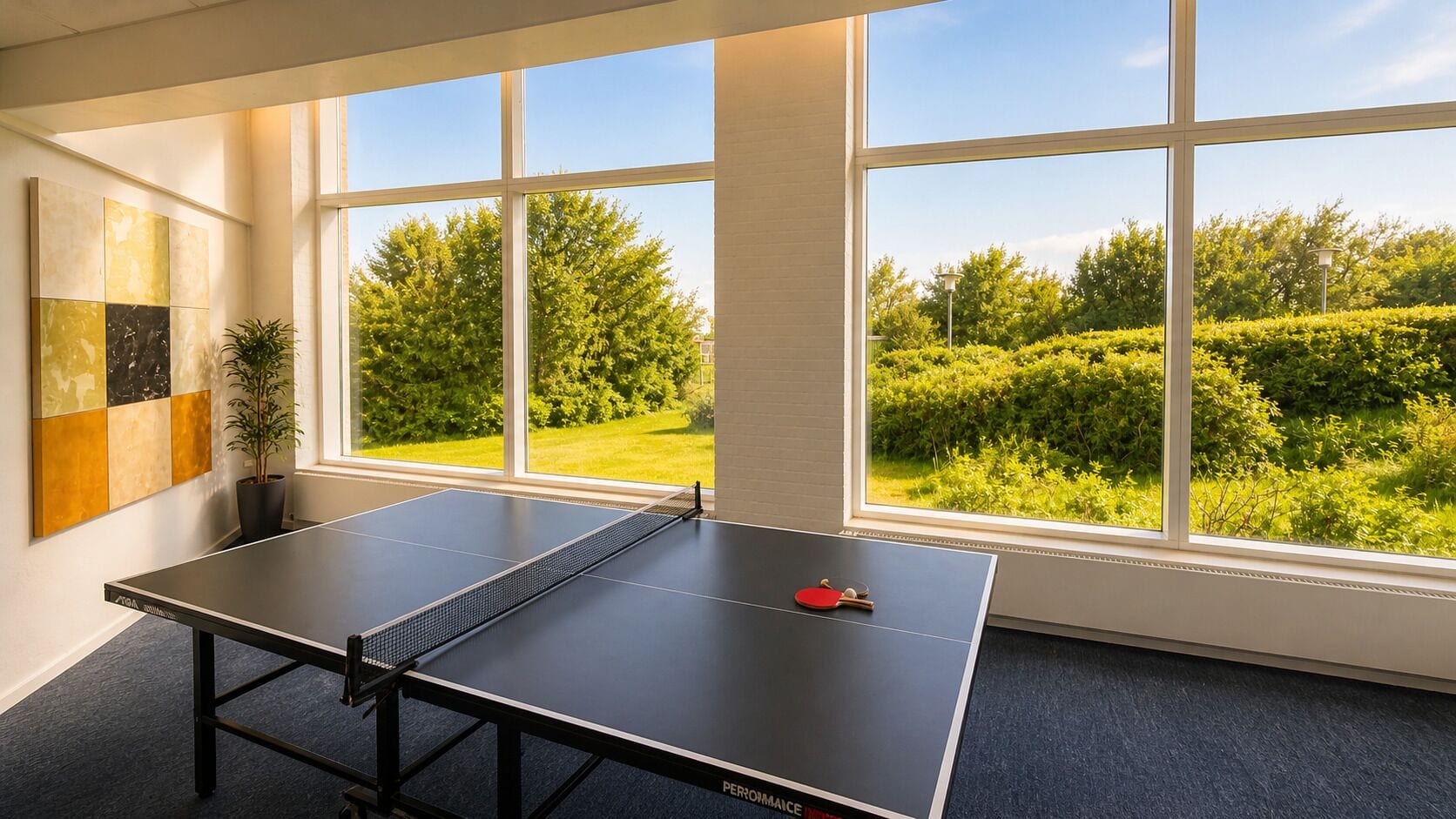A ping pong table in a room with large windows, a potted plant, and a wall art piece.