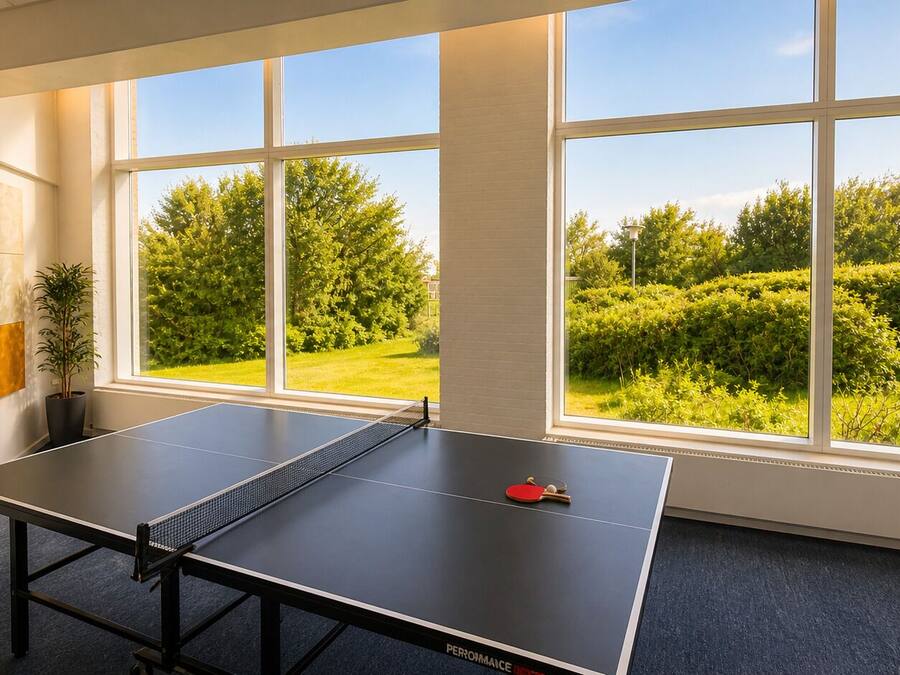 Una mesa de ping pong en una habitación con ventanas amplias, una planta en maceta y una obra de arte en la pared.
