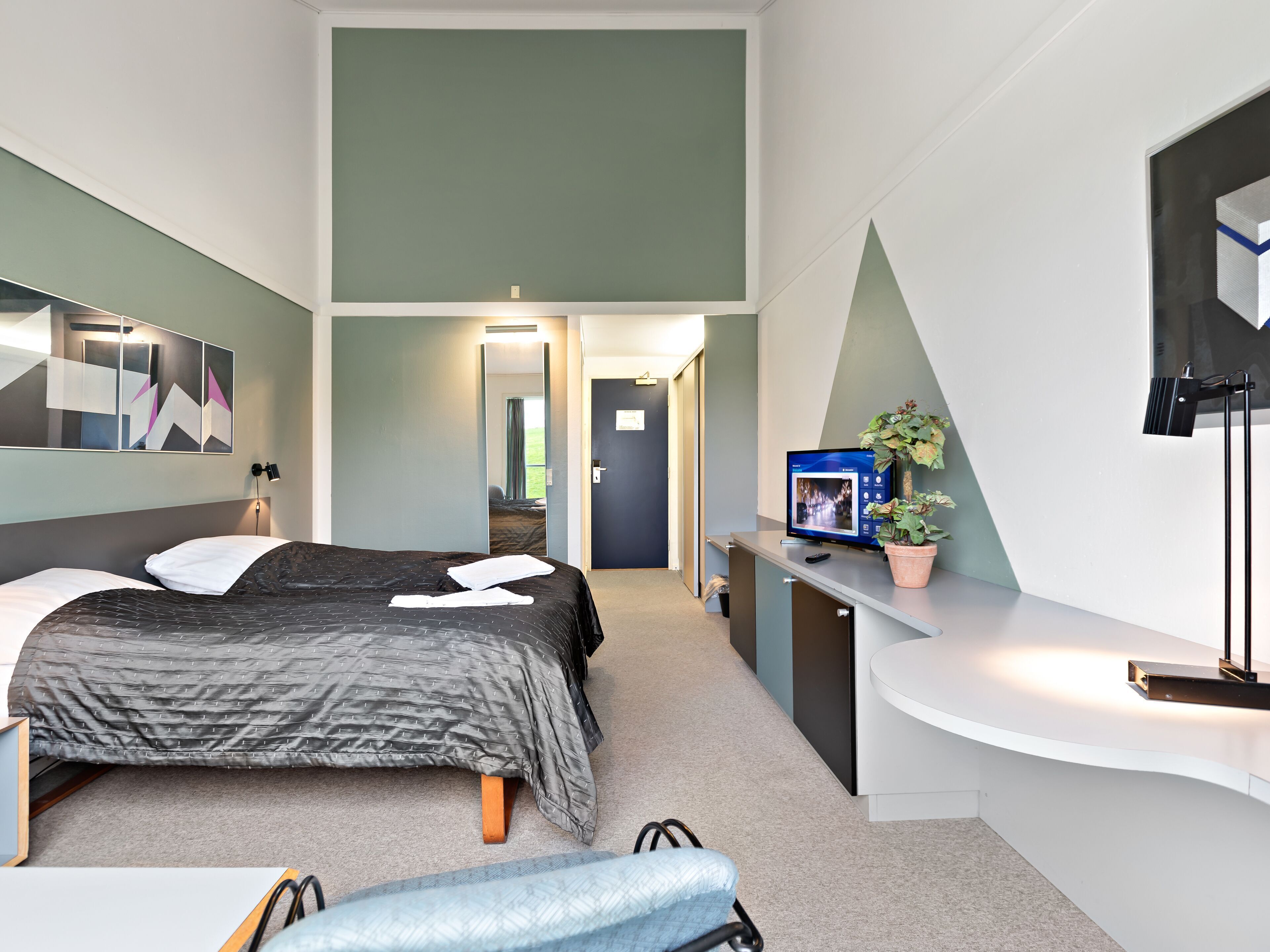 Hypo-allergenic bedding, desk, laptop workspace, soundproofing