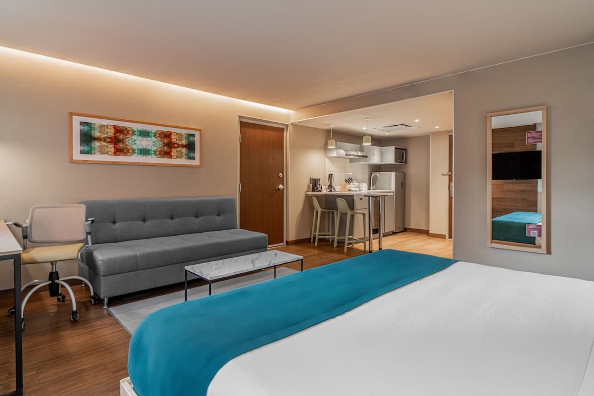 Una habitación de hotel moderna con una cama, un sofá gris, una mesita, un escritorio con una silla y una kitchenette al fondo.