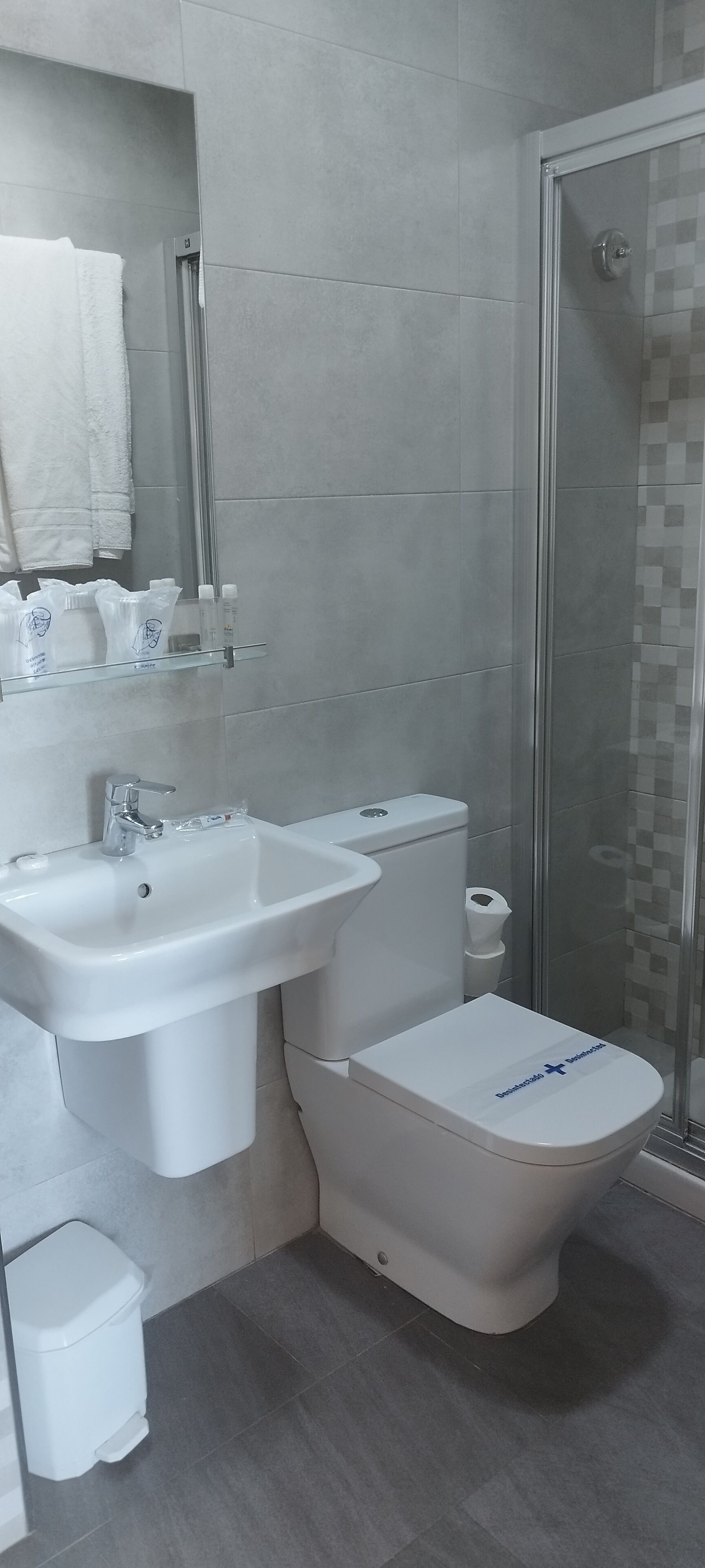 Une salle de bain moderne avec un lavabo, des toilettes et une douche.