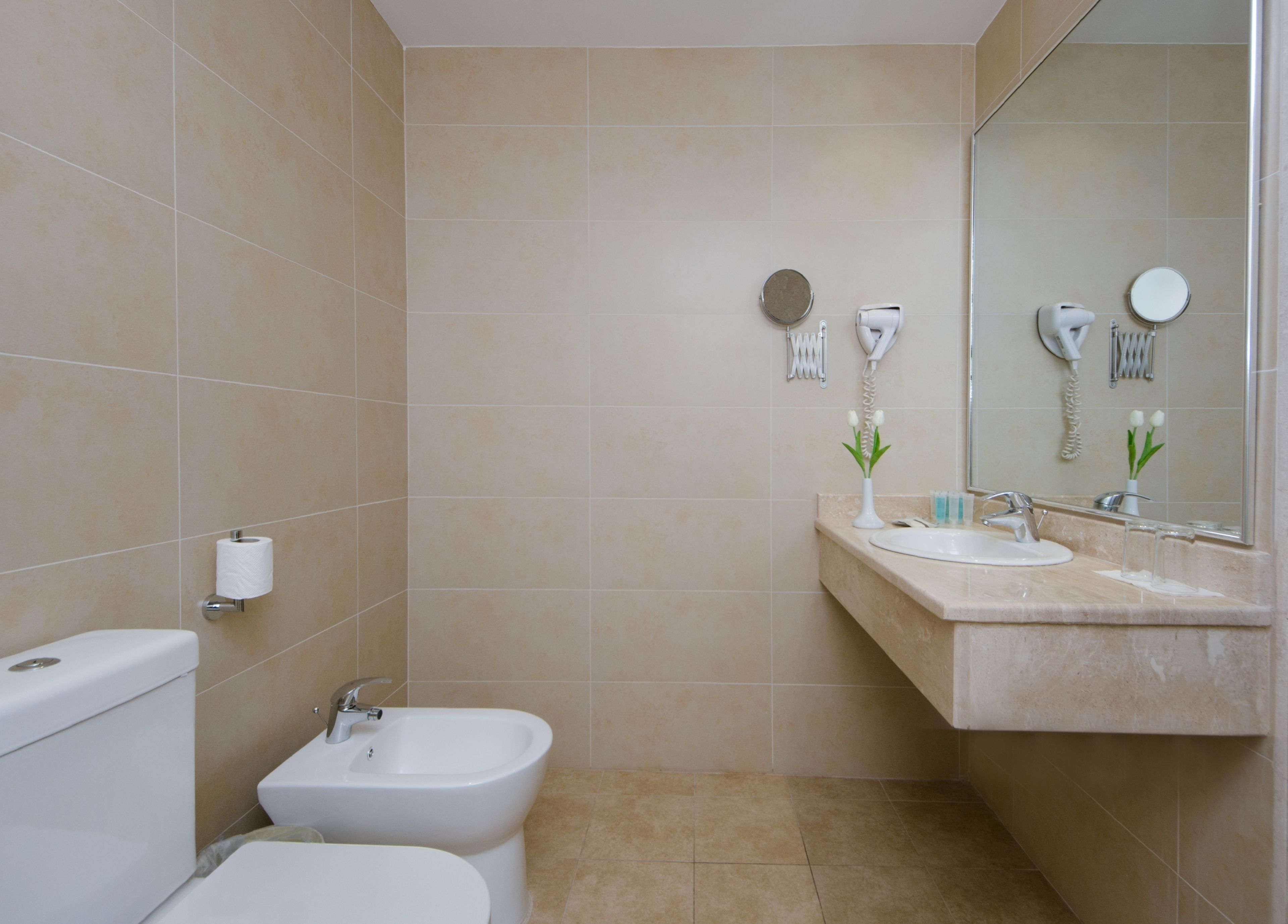 A bathroom with a toilet, bidet, sink, and mirror.