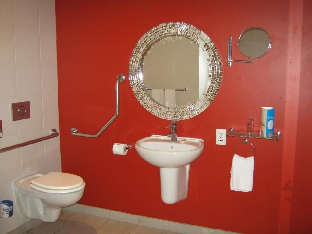 A bathroom with a toilet, a sink, a mirror, and a handrail.