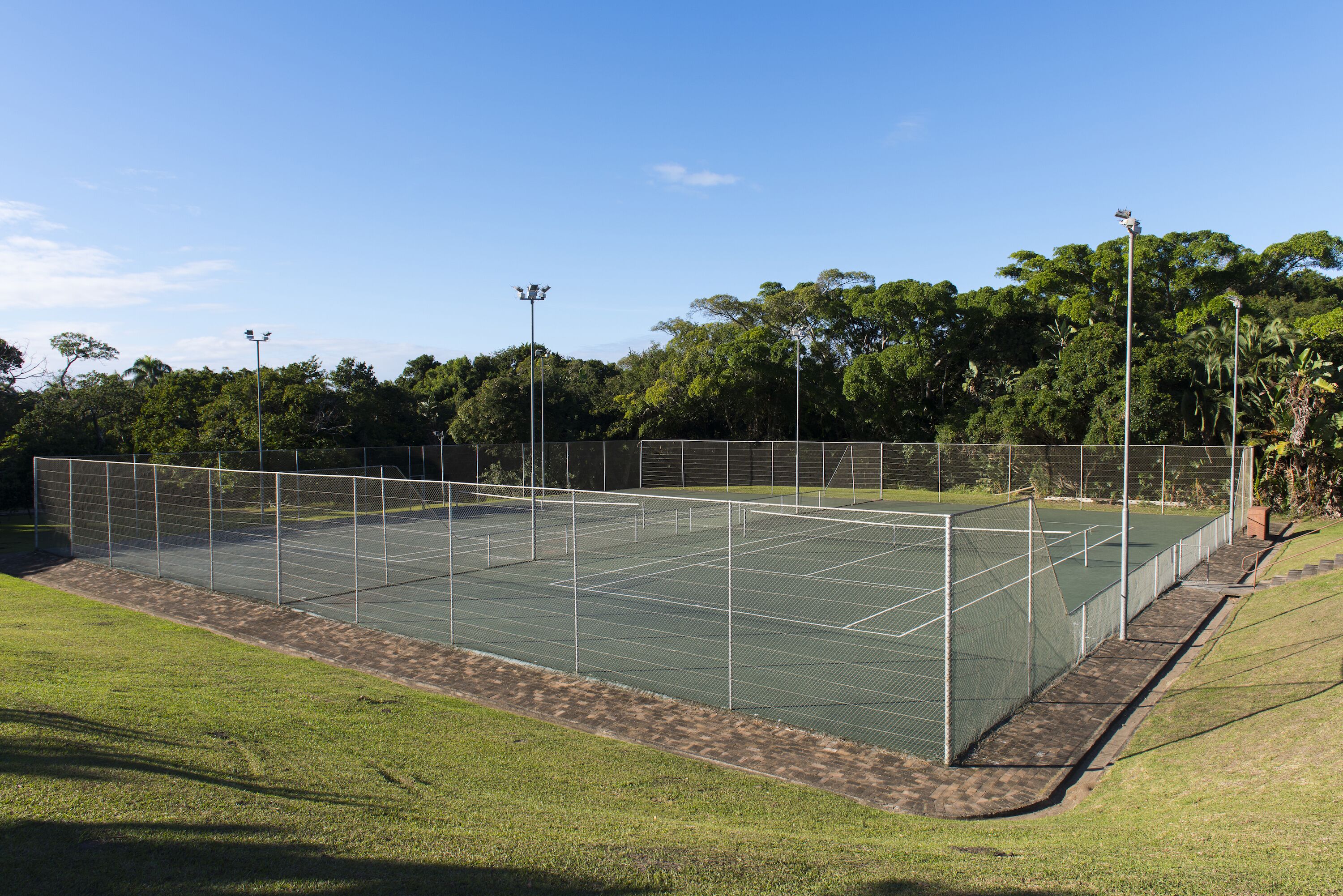 Un campo da tennis con una rete, circondato da una recinzione e alberi sullo sfondo.