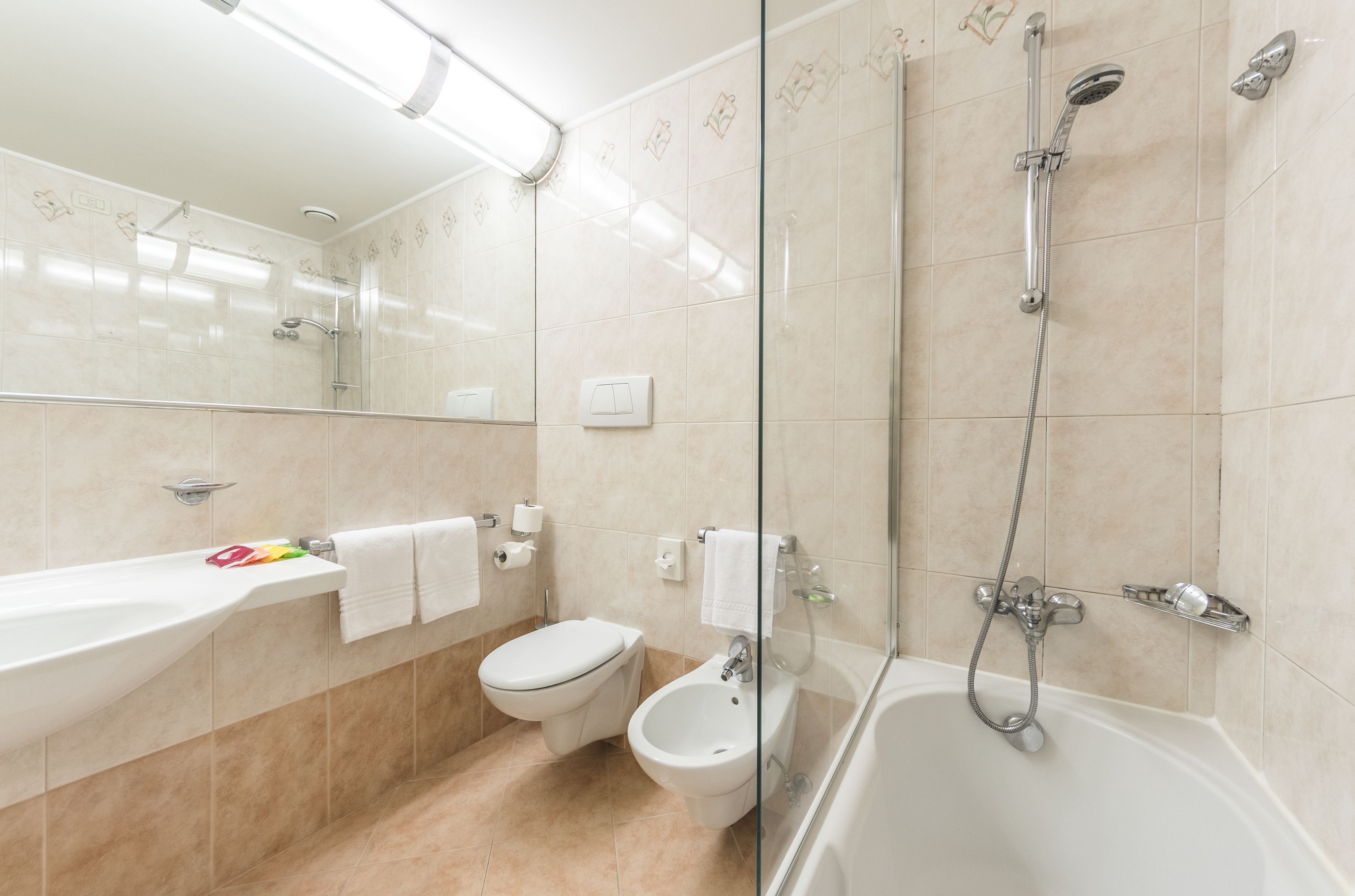 Une salle de bain moderne équipée d’une baignoire, d’une douche, de toilettes et d’un bidet.