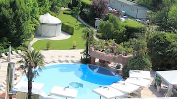 Seasonal outdoor pool, pool umbrellas, pool loungers