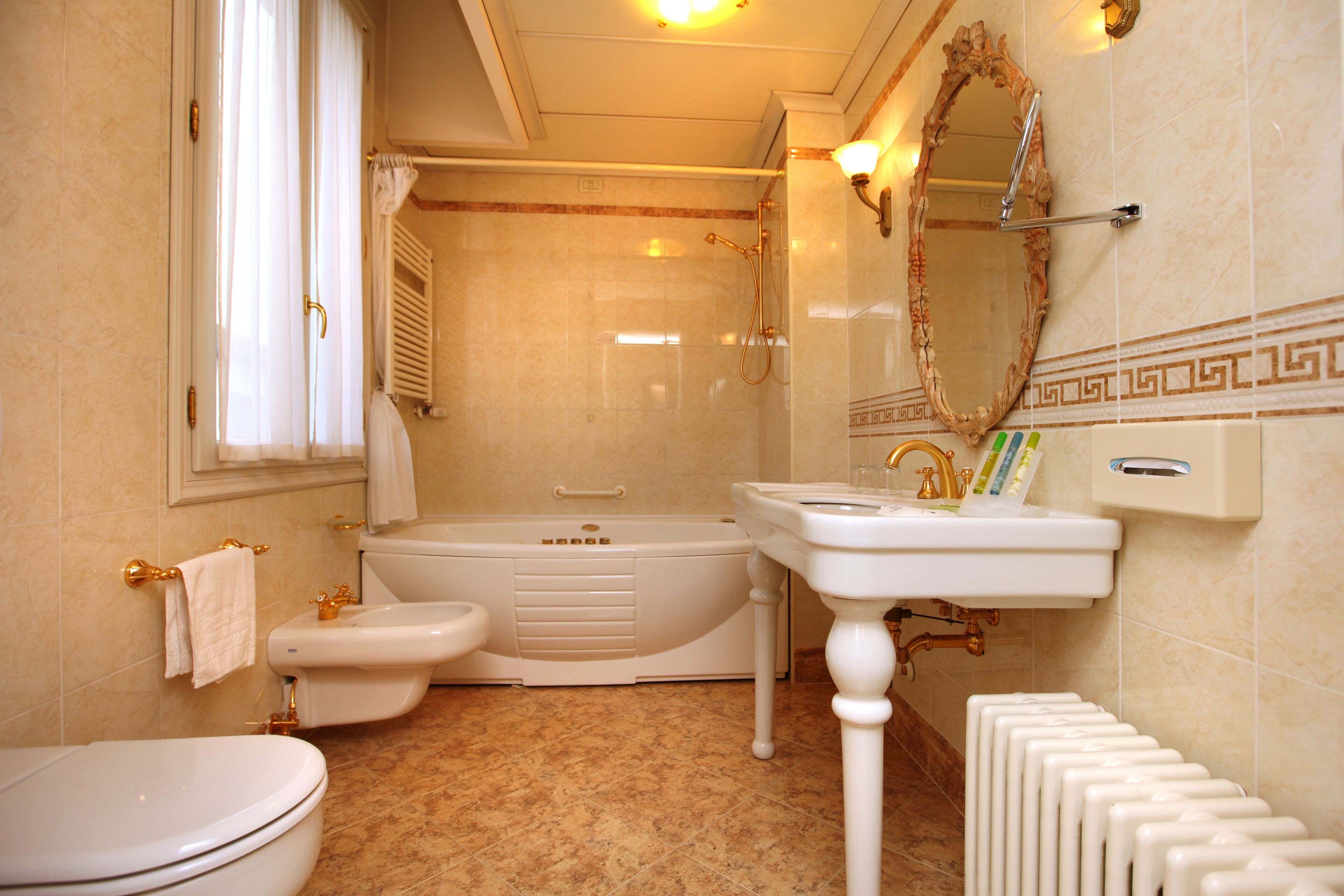combined shower/bathtub, free toiletries, hair dryer, bidet