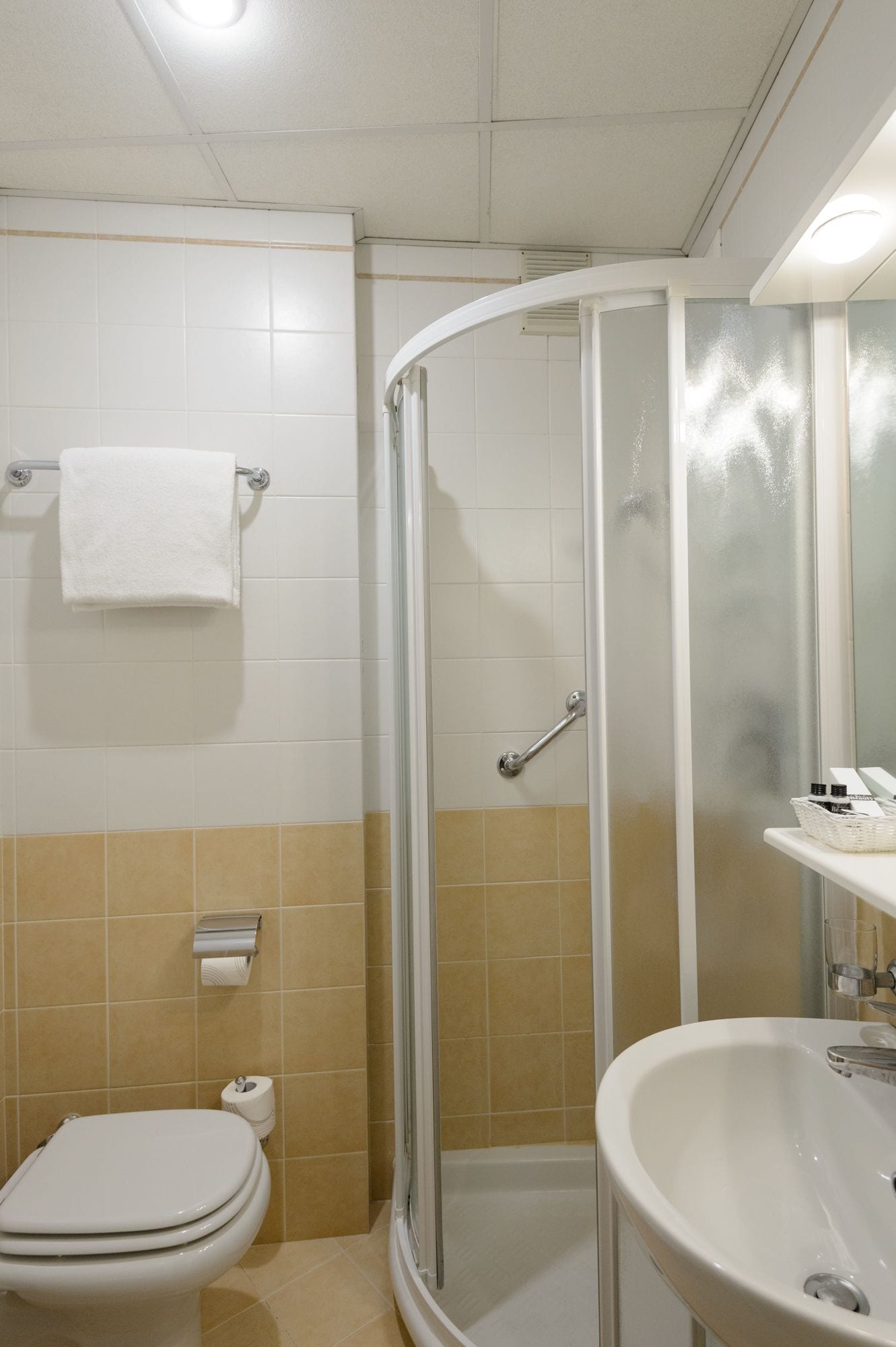 Une salle de bain comprenant des toilettes, un lavabo, une douche en verre et un porte-serviettes.