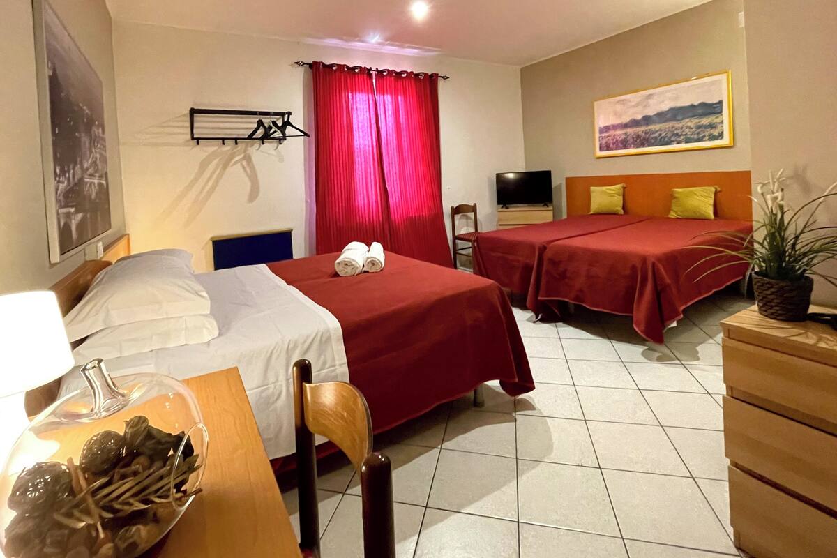 A hotel room with two beds, a TV, a desk with a glass of wine, and a plant.