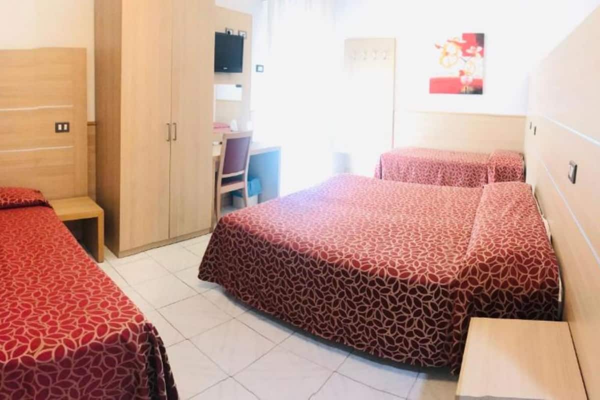 A room with two single beds, a desk, and a wardrobe.