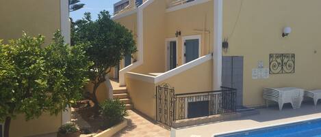 Outdoor pool, pool umbrellas, pool loungers