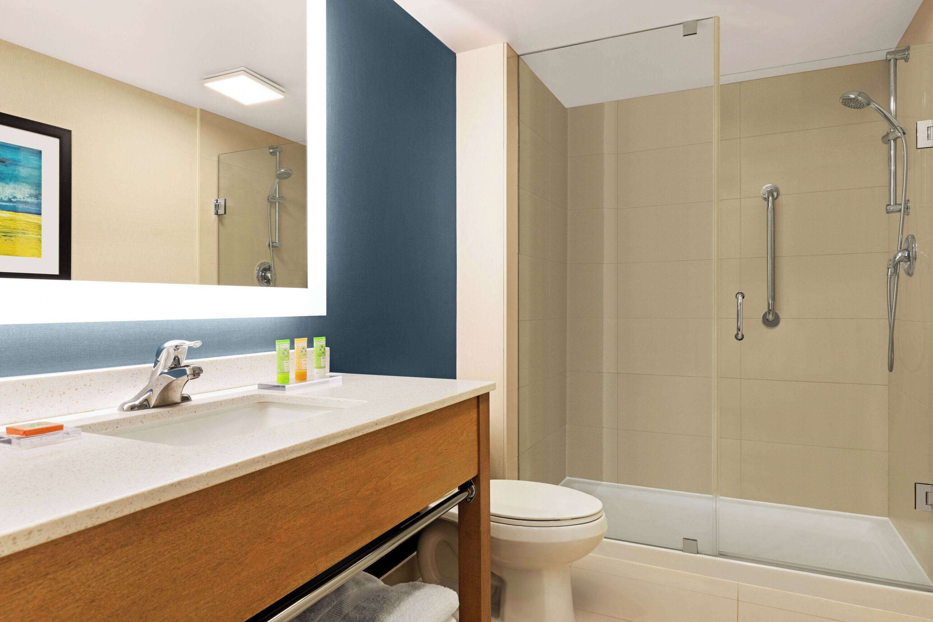 A modern bathroom with a shower, toilet, and sink.