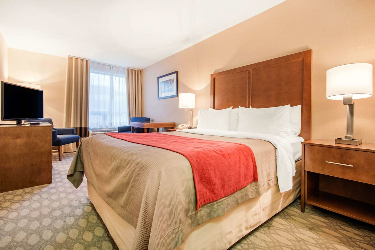 A hotel room with a bed, a desk, a television, and a lamp.