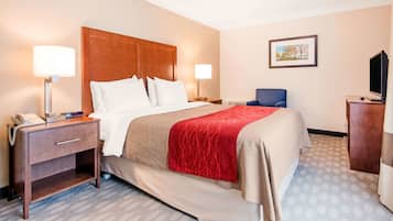 A hotel room with a bed, bedside tables, a desk, a chair, a television, and a framed picture on the wall.