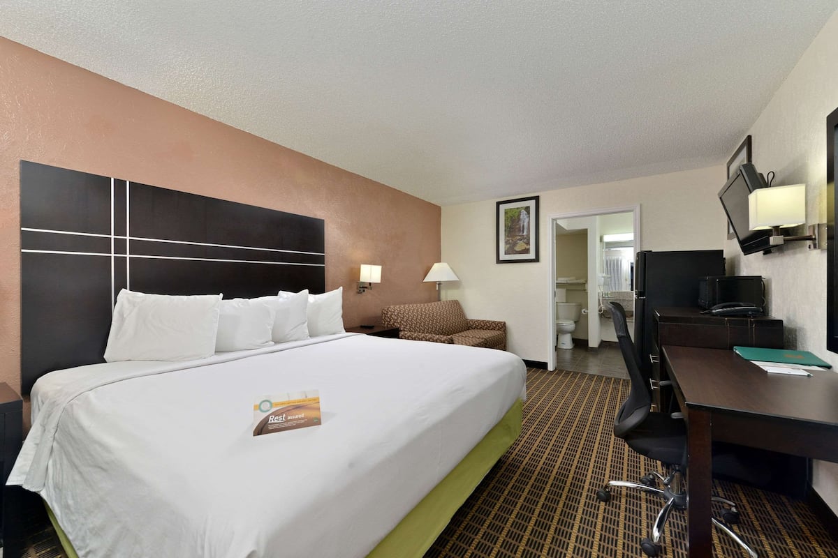 A hotel room with a large bed, a desk, a chair, and a television.