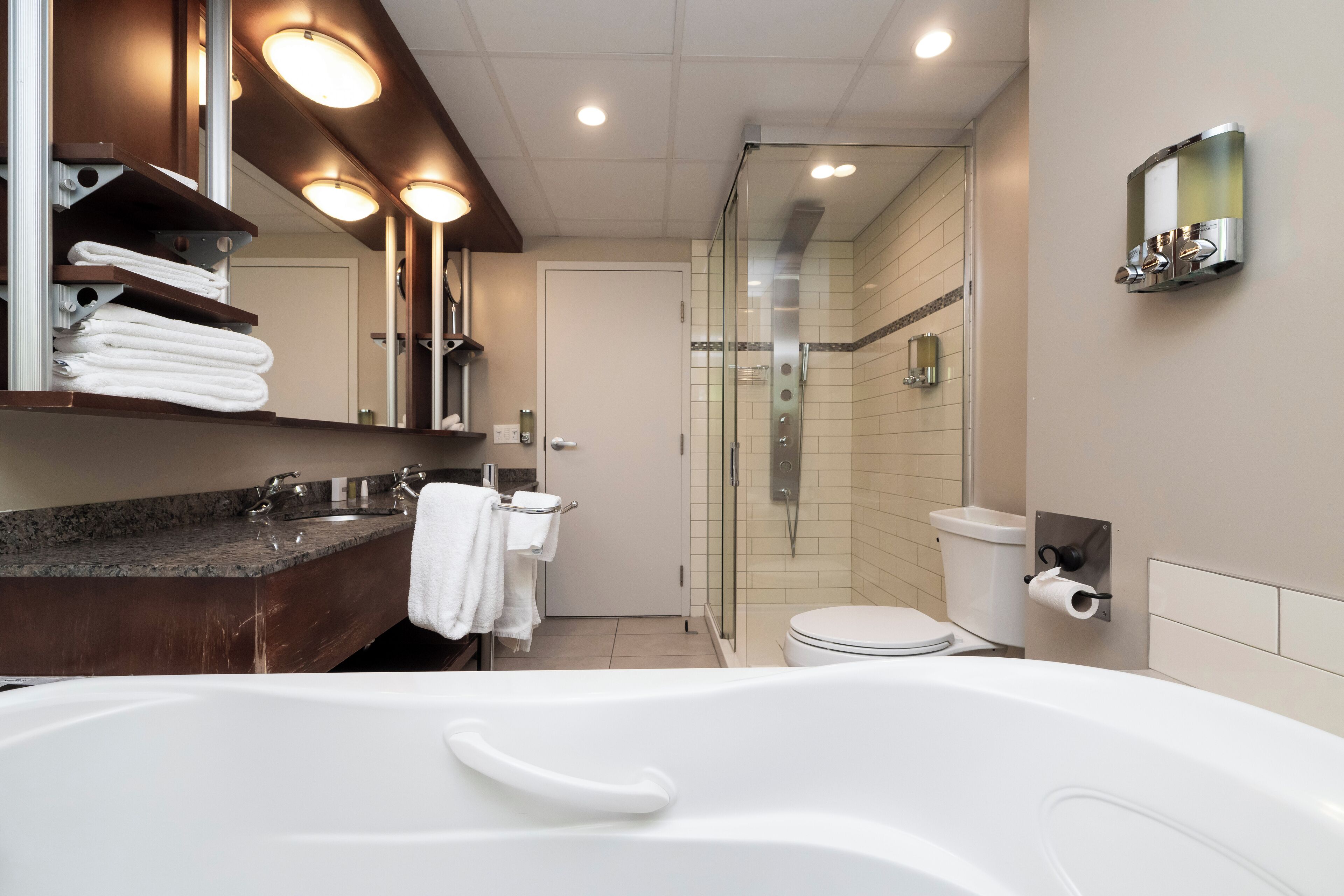 Un bagno moderno con una vasca da bagno ampia, una cabina doccia in vetro e un water.