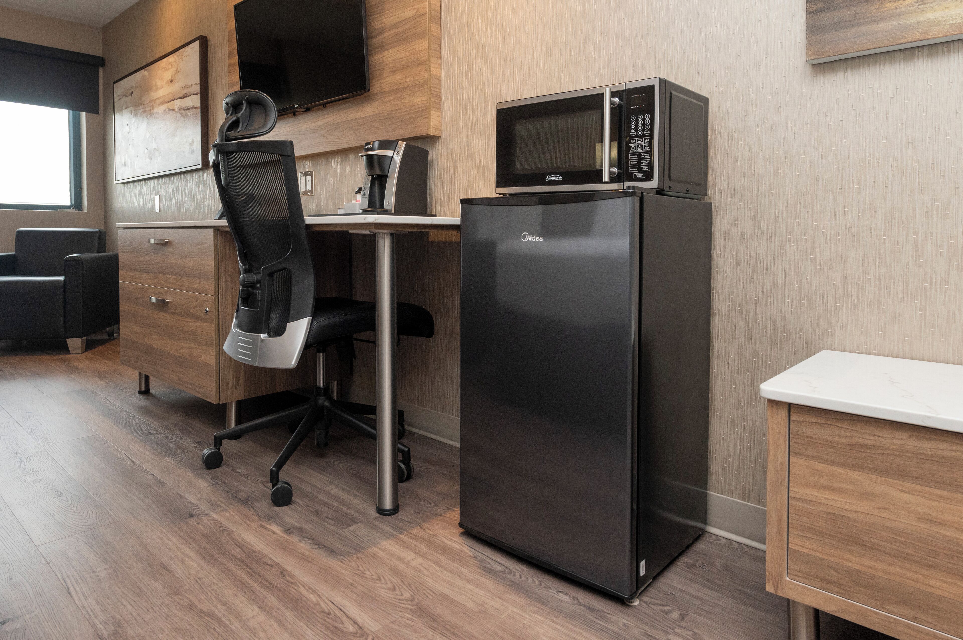 1 bedroom, desk, blackout curtains, iron/ironing board