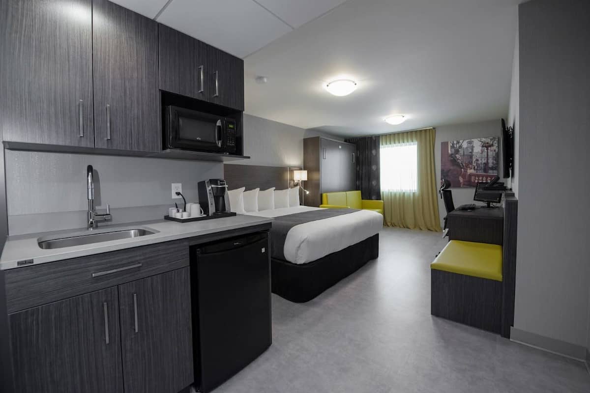 1 bedroom, desk, blackout curtains, iron/ironing board