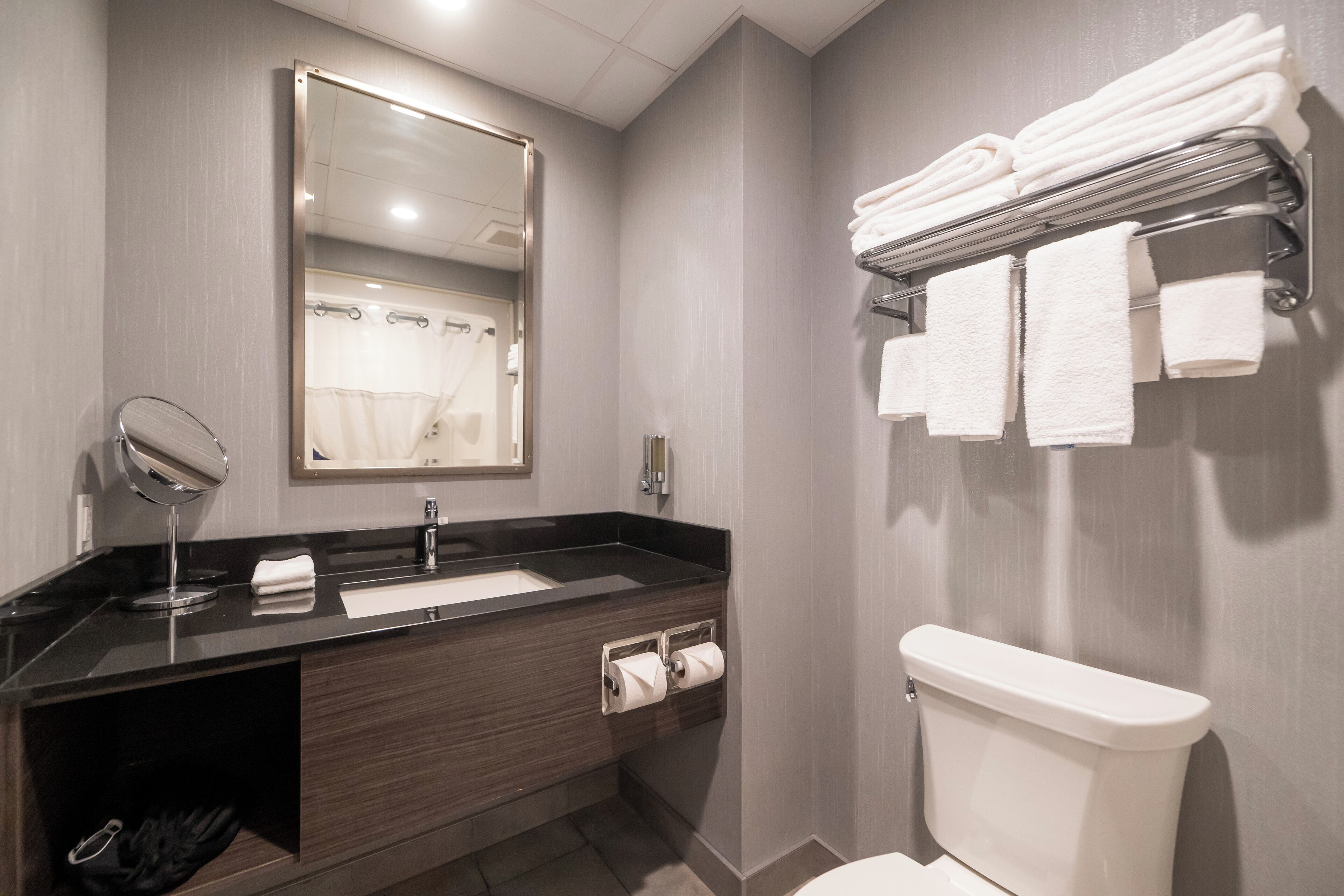 A modern bathroom with a dark wood vanity, a mirror, a toilet, and a towel rack.