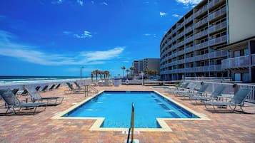Outdoor pool, open 8:00 AM to 8:00 PM, pool umbrellas, pool loungers