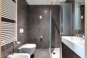 Shower, hair dryer, bidet, towels