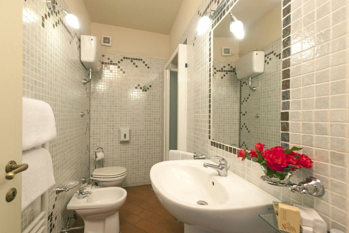 standard double room | bathroom | shower, rainfall showerhead, free toiletries, hair dryer