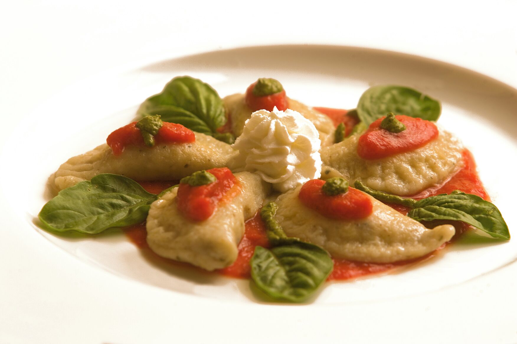 Pasta rellena con salsa de tomate y hojas de albahaca en un plato.