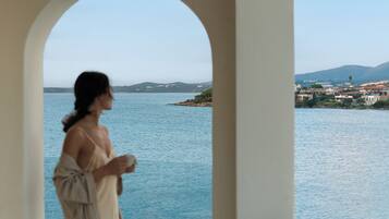 A person standing in an arched doorway overlooking a body of water with a distant coastline.