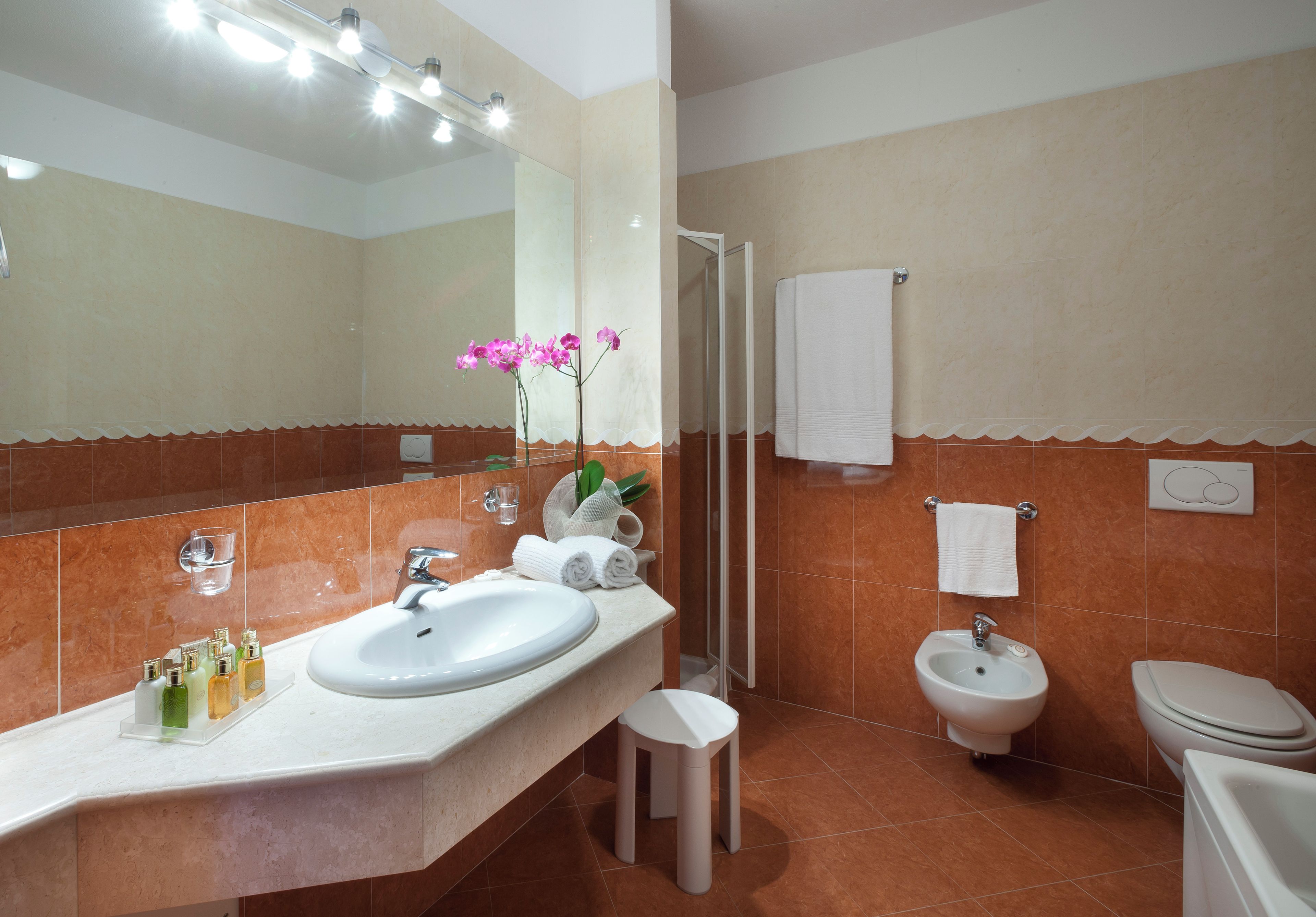 A bathroom with a sink, mirror, shower, toilet, and a small stool.