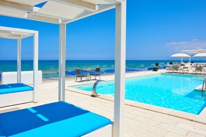 Utomhuspool, parasoller och solstolar