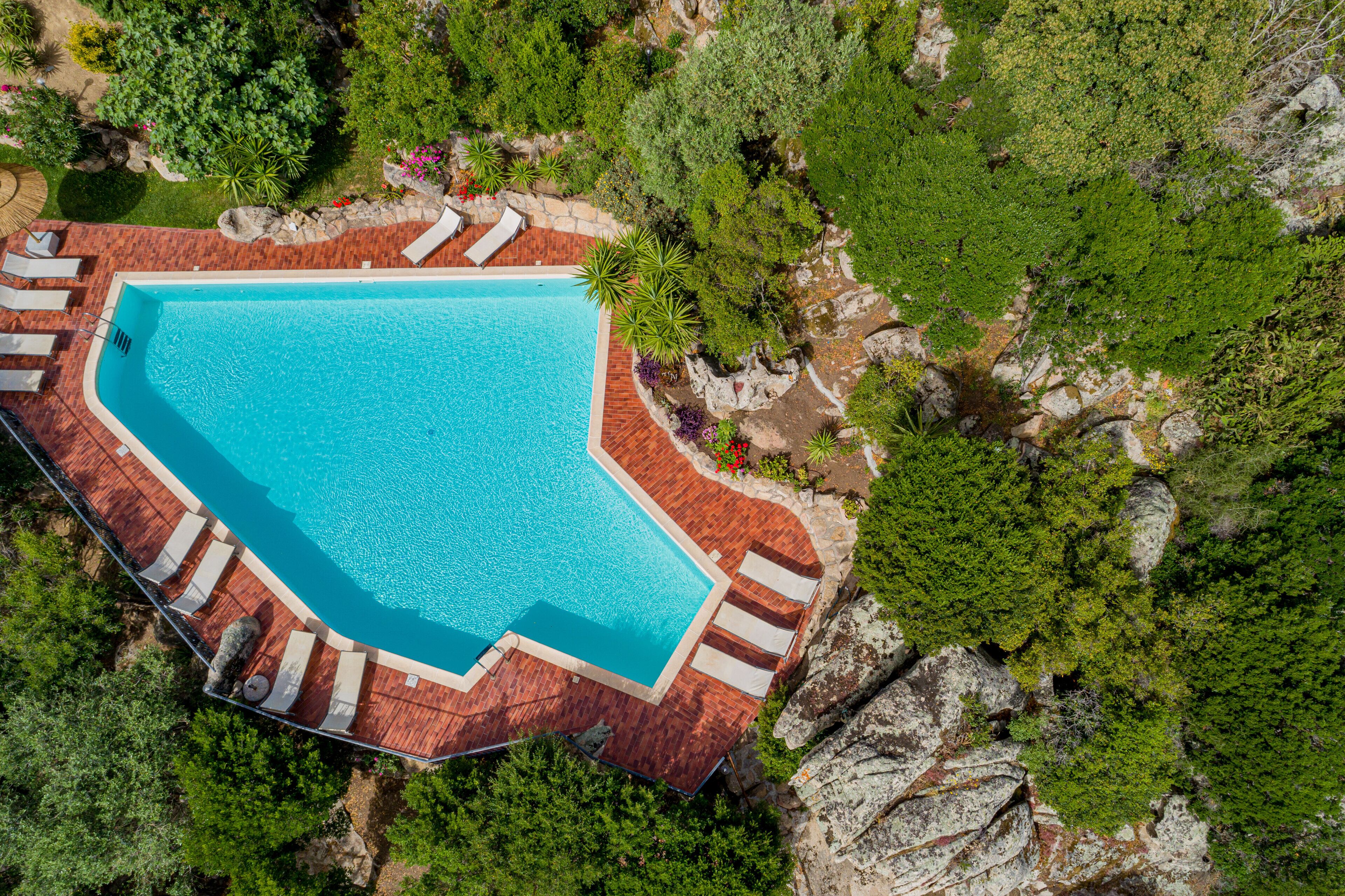 An aerial view of a swimming pool surrounded by a wooden deck and lush greenery.