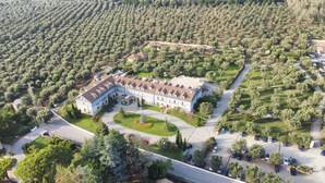 Vista aérea de un hotel grande de varios pisos con un patio central, rodeado por un jardín ajardinado y olivares.
