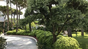 A landscaped garden with a curved stone pathway, neatly trimmed hedges, and mature trees. - Hotel Greif (Lignano Sabbiadoro)